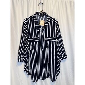 NWT Womens 26 Bloom Chic Navy Half Zip Pullover Striped Blouse